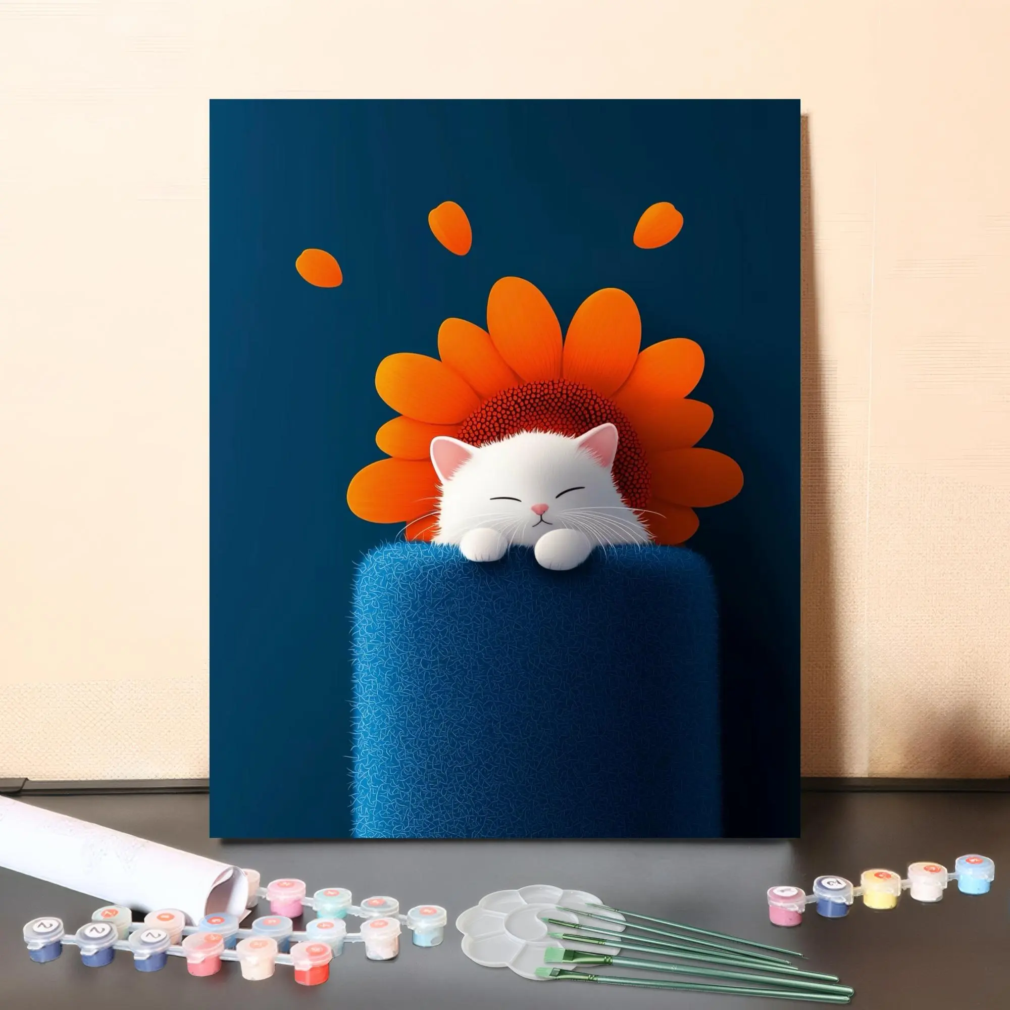 DIY Paint-by-Numbers Set "Blütenkatz" - Cat Art Kit with Printed Canvas, Acrylic Paints, Brushes, and Color Guide for Adults & Kids Detachable Numbered Coloring Book