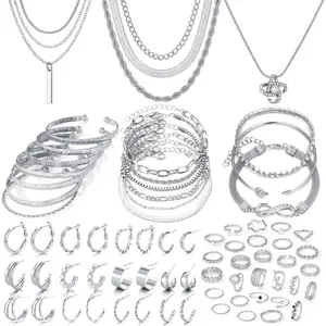 36 count  Plated  Set With 3 Necklace, 12 Bracelet, 7 Ear Cuffs Earring, 14 Knuckle Rings For Women Girls Valentine Anniversary Birthday Friendship