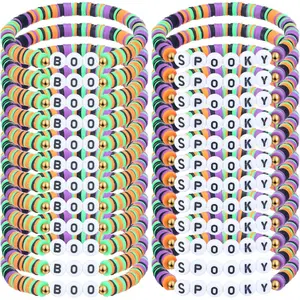 24 Pcs Spooky Boo Halloween Bracelets Polymer Clay Beaded Stretch Bracelets Letter Boho Jewelry for Women Halloween Party Favors for Family Friend Accessory Gift(Purple Green Orange)