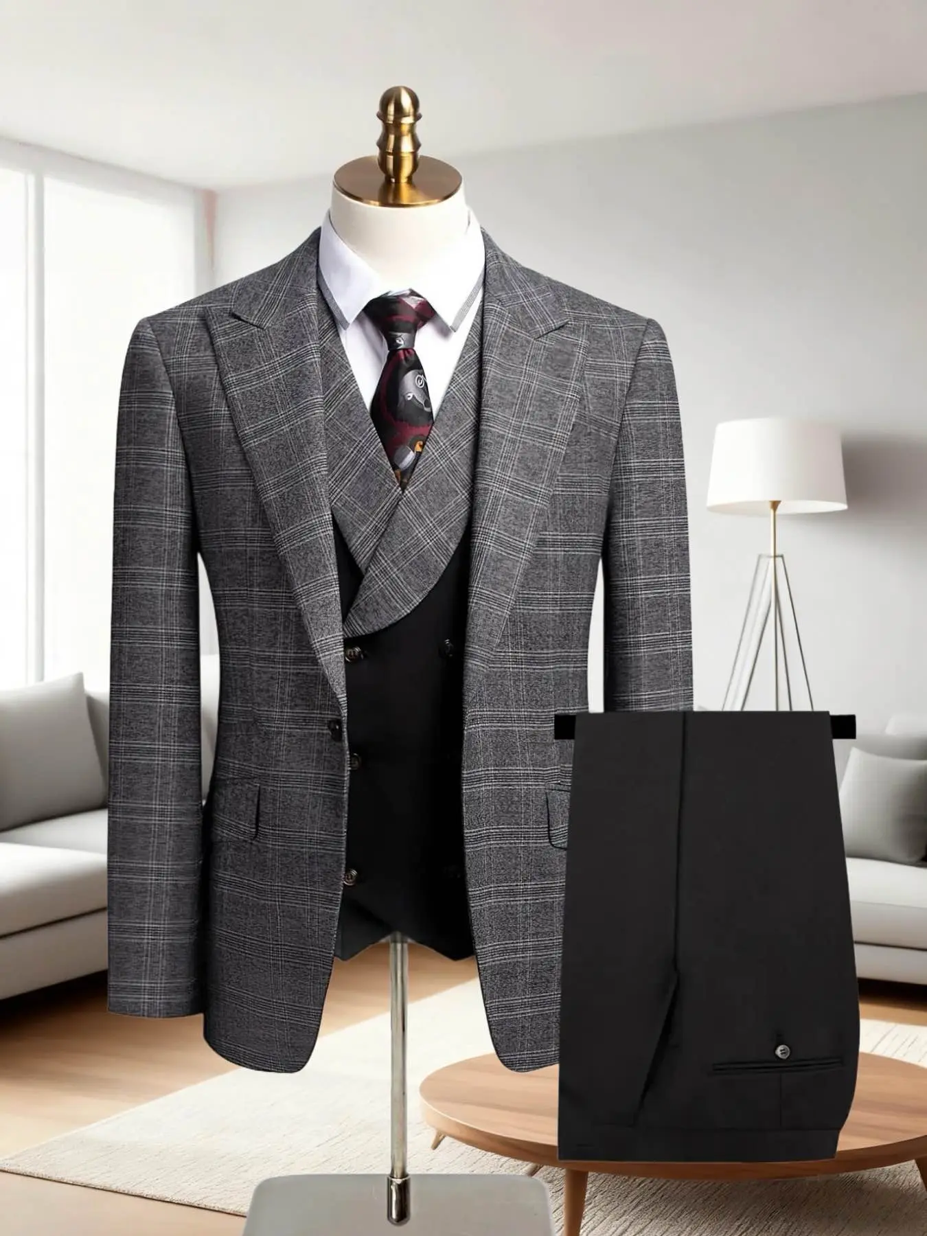 Men's Suit Plaid 3pcs Set Jacket+vest+pants, Business, Formal & Casual Wear, Slim Fit Design, All-Season Essential, Perfect for Weddings