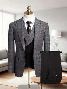 Men's Suit Plaid 3pcs Set Jacket+vest+pants, Business & Casual Wear, Slim Fit Design, All-Season Essential, Perfect for Weddings