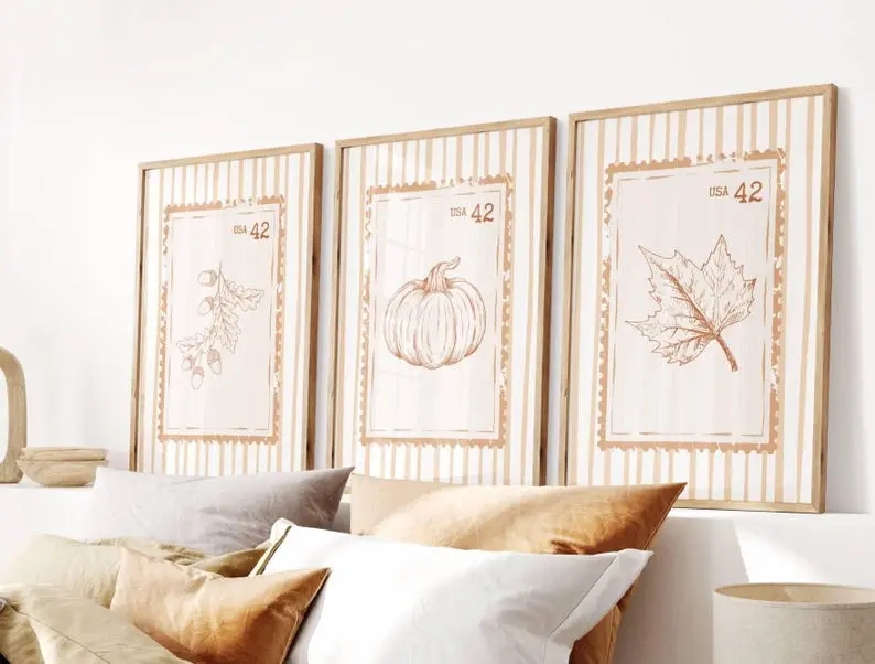 Autumn Stamp Set of 3 Prints, Warm Fall Wall Art, Aesthetic Pumpkin Artwork, Retro Autumn Poster for Cozy Fall Décor