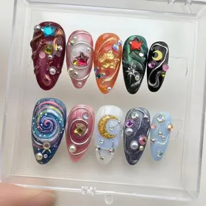Handmade Celestial Starfish Press On Nails |   3D Sun Moon Galaxy |   Custom Mix Match Design |   Whimsical Almond Faux Acrylic Nails