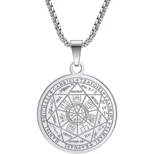 Seven Archangels Pendant Necklace For Men Women Protection Amulet Archangel Michael Coin Pendant Necklace Gabriel Uriel Spiritual Stainless Steel Medal Necklace 24 inches