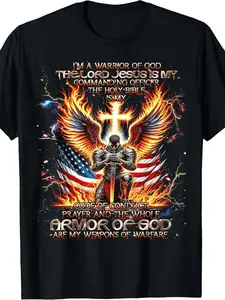 Men's Jesus Is My Commanding Officer Graphic T-Shirt - Christian Military Apparel with Knight & Flames Design, Breathable Cotton Regular Fit Crew Neck Tee, Slight Stretch Casual Top for All Seasons, Summer Clothing, Patriotic Apparel, Comfortable Tee