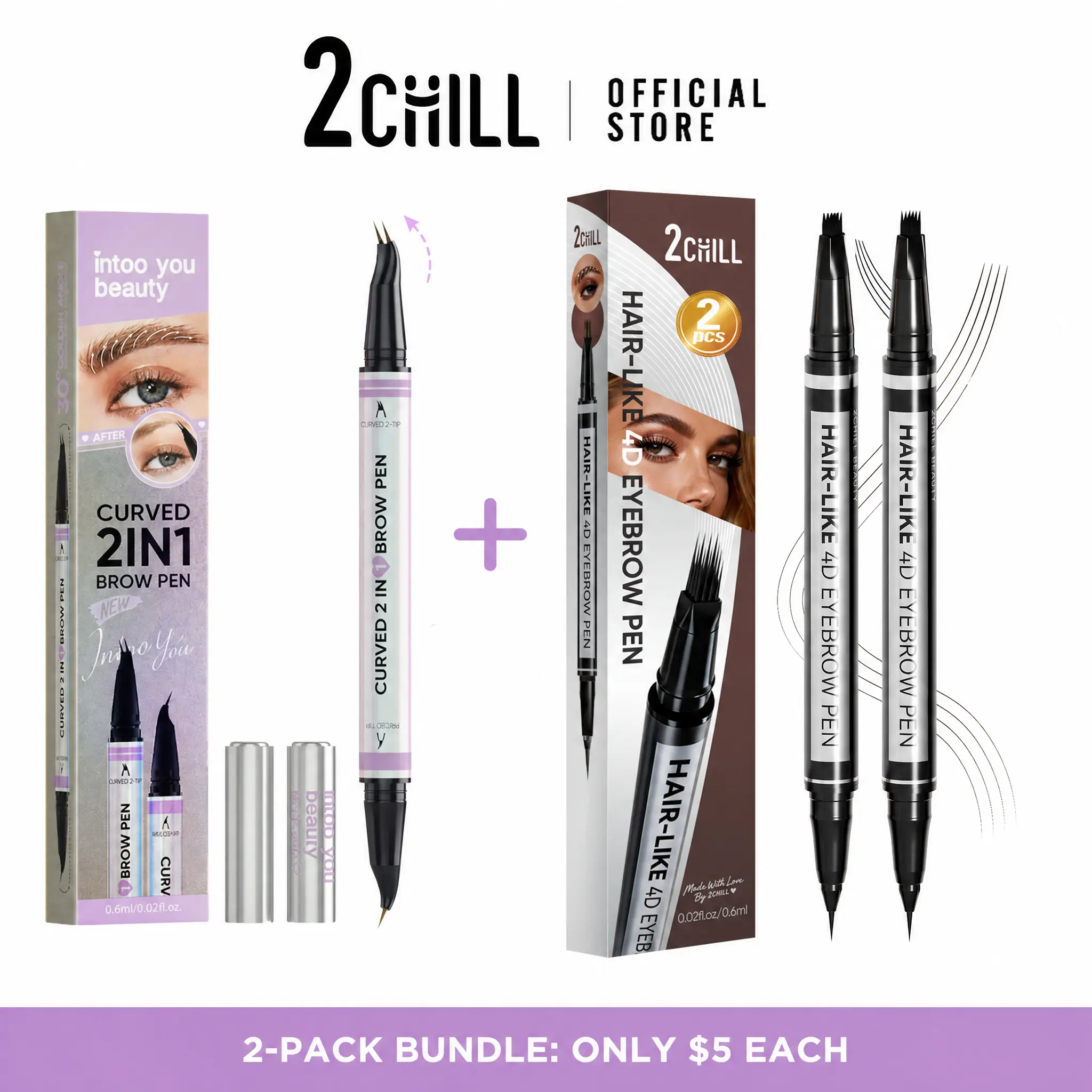 2CHILL 2-Pack 2-in-1 Microblading Eyebrow Pen - 4D Square Brush & Curved Dual-Ended Tips, Waterproof, Smudge-Proof, Durable Daily Cosmetic, Blendable Flawless Brow Definer for Natural Hair-Like Brows Makeup Tool