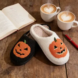 Couple Pumpkin Plush Slippers for Women & Men, Cute Cartoon Fur Lined Indoor House Shoes, Cozy Winter Slippers