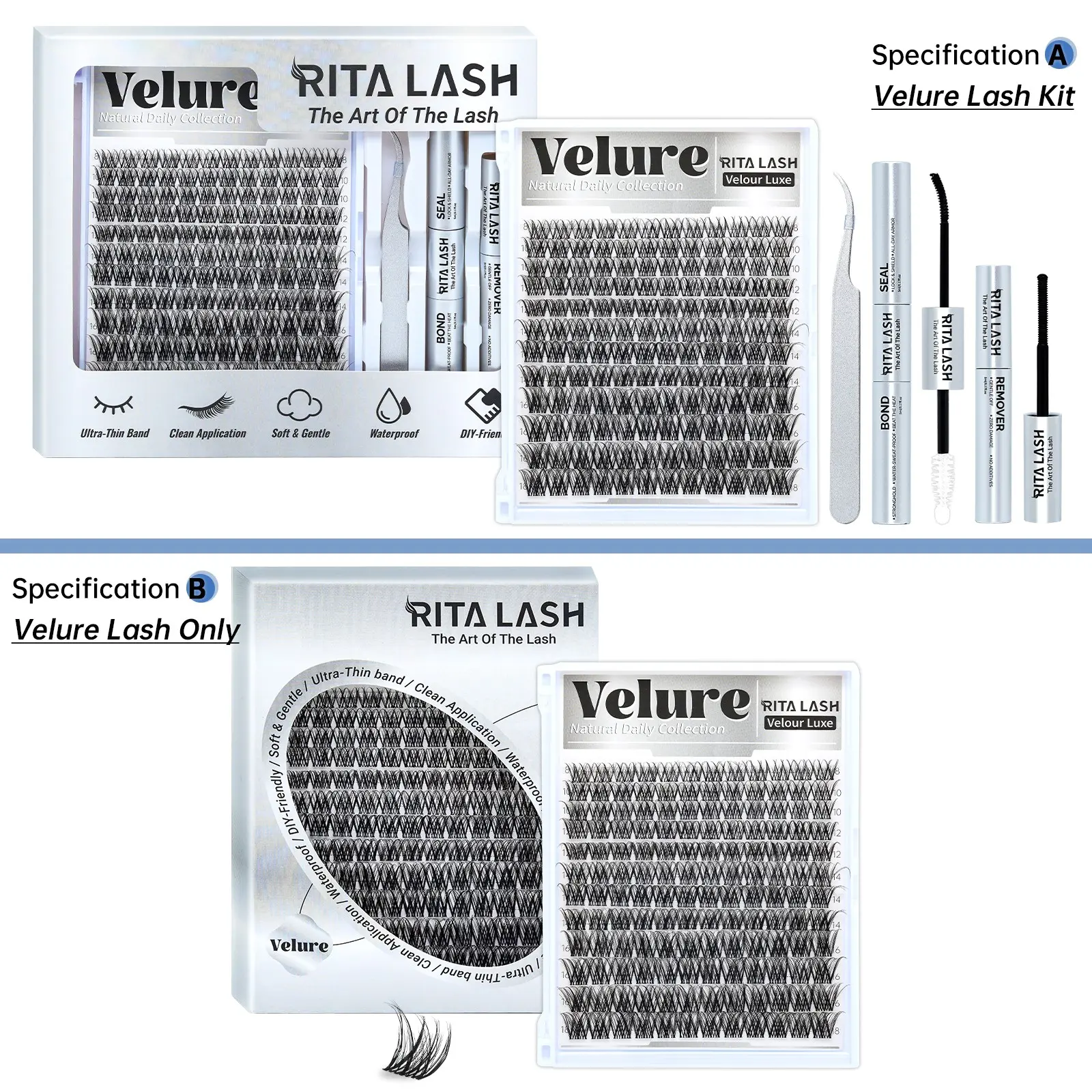 Velure RITALASH Velour Luxe Collection Upgrade U Lash Clusters, Eyelash Extension, Ultra-Dense Waterproof Long-Lasting Eyelash, Beginner-Friendly DIY Lashes Kit for a Natural Daily Voluminous Look