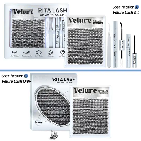 Velure RITALASH Velour Luxe Collection Upgrade U Lash Clusters, False Eyelash Clusters, Eyelash Extension, Ultra-Dense Waterproof Long-Lasting Eyelash, Beginner-Friendly DIY Lashes Kit for a Natural Daily Voluminous Look