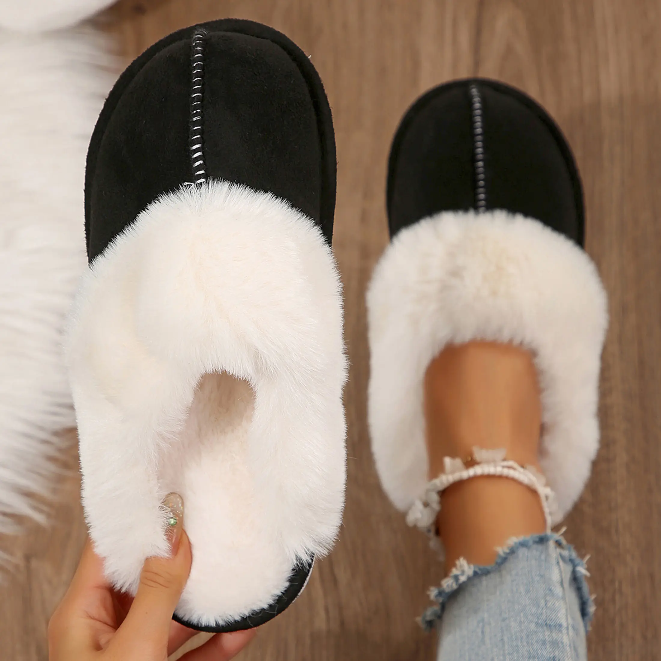 Women's Cozy Plush Fleece-Lined Slip-On Moccasins with Fluffy Detail - Non-Slip Winter Home Slippers with Platform Flat Sole Footwear Indoor