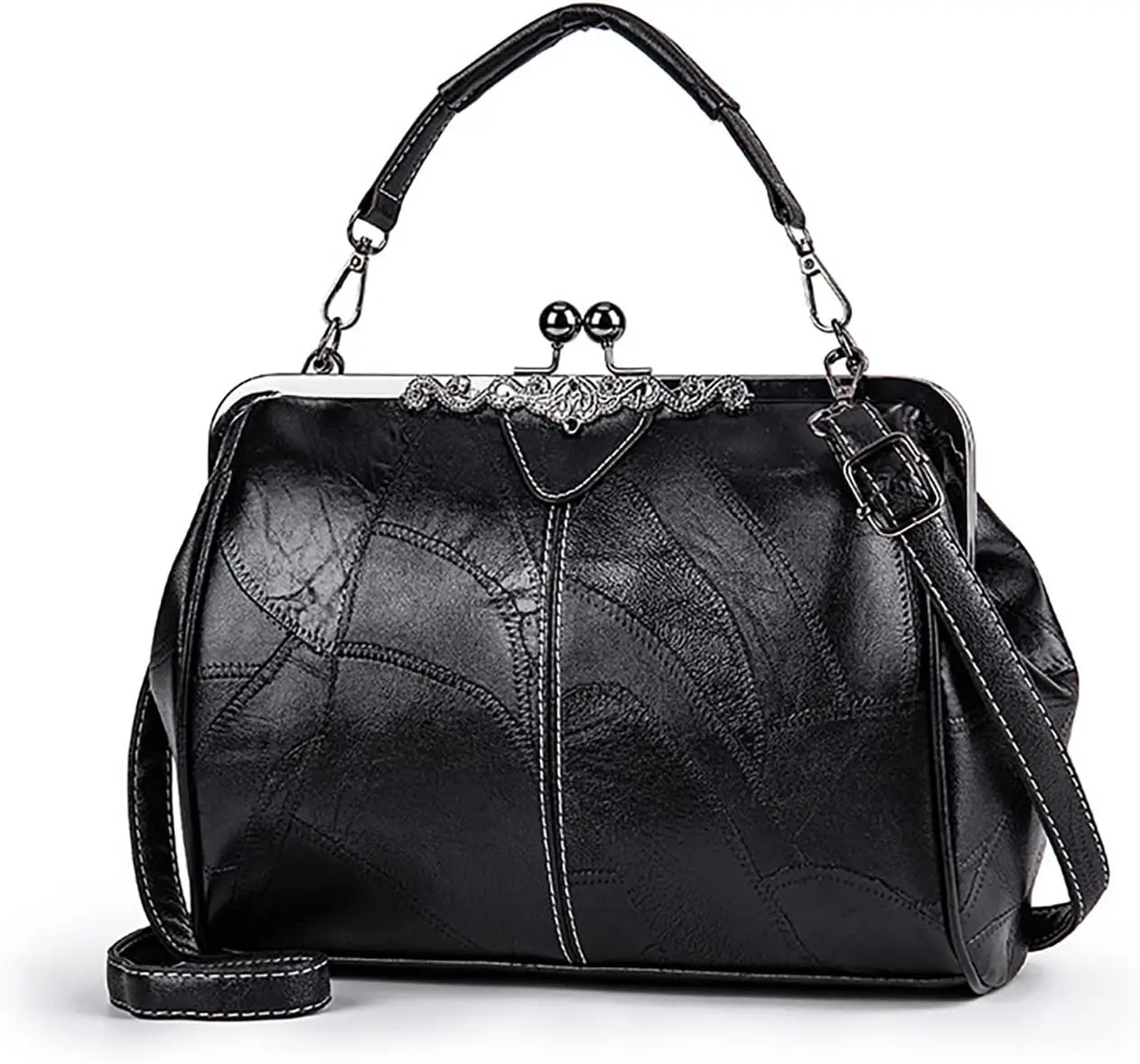 Women Vintage Hollow Handbag Oil Leather Shoulder Crossbody Bag Clutch Satchel Purse with Kiss Lock Closure,back to school,back to school haul