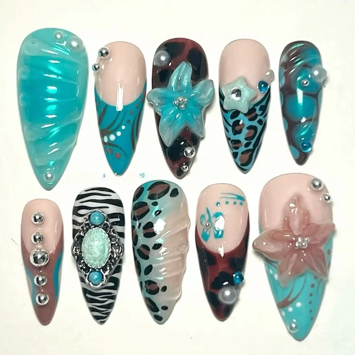 Handmade Teal Brown Press On Nails, 3D Flower Leopard Zebra Nails, Turquoise Swirl Nail Set, Rhinestone Glam Reusable Fake Nails with Gift Set (Adhesive Tabs, Nail File, Cuticle Stick)