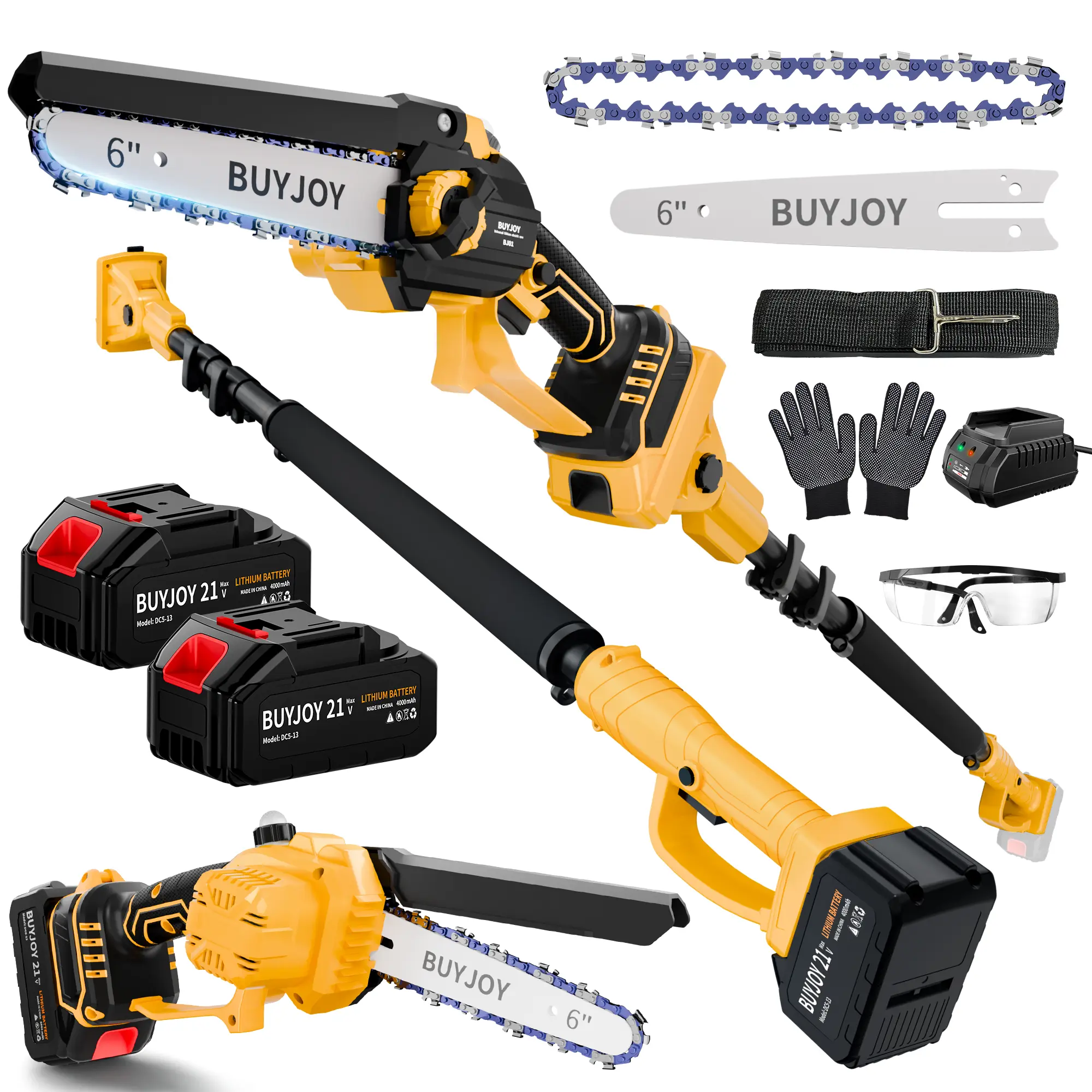 BUYJOY 2-in-1 Electric Pole Saws for Tree Trimming, 6 Inch Mini Chainsaw Cordless with Extension Pole, 2 x 4000mAh Batteries,Battery Powered Pole Chain Saw, Tree Trimmer Limb Branch Cutter Pruner