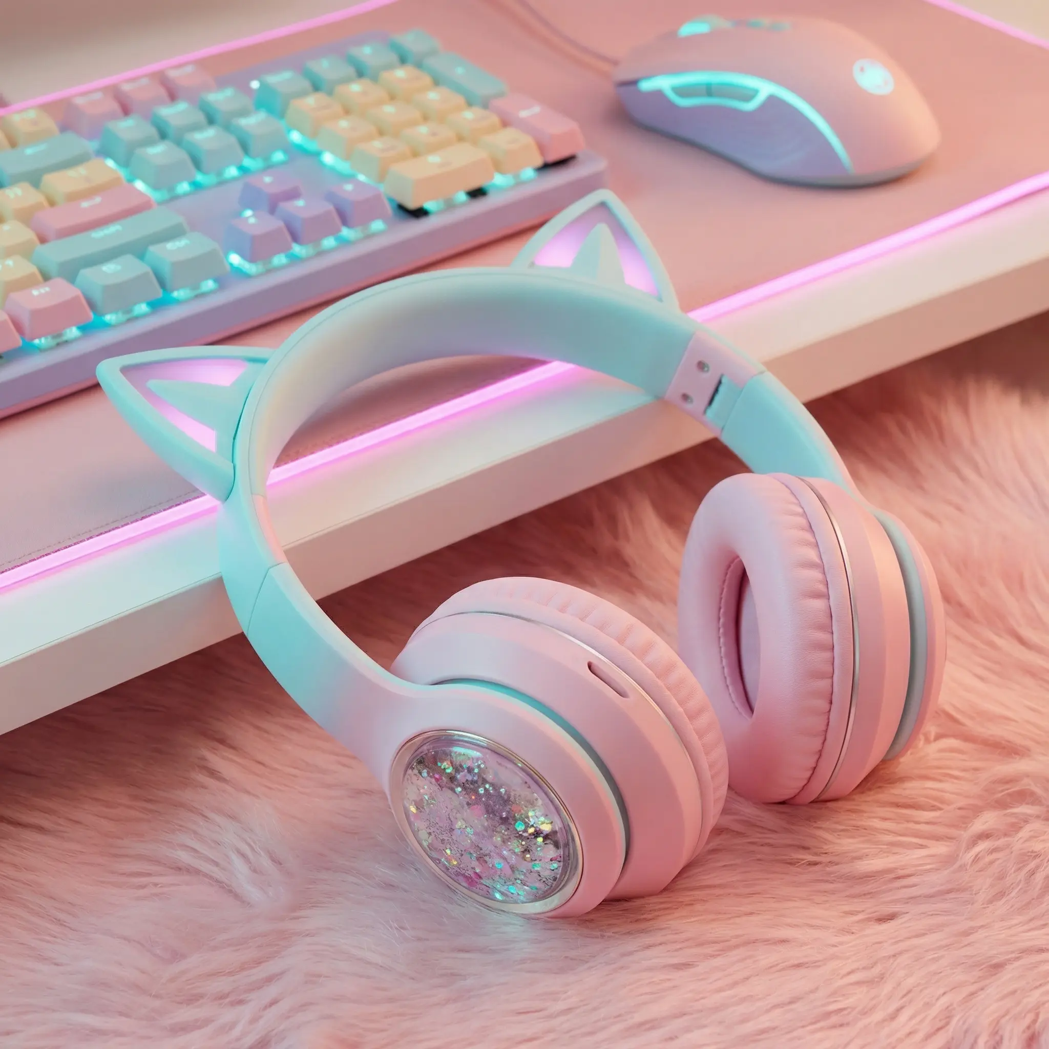 RGB Cat-Ear Bluetooth Headset - Electronic, Foldable, Adjustable Fit, Soft Earpads, Liquid Glitter, ENC Noise Cancelling Microphone, for Girls, PC/Gaming, Online Classes, Travel