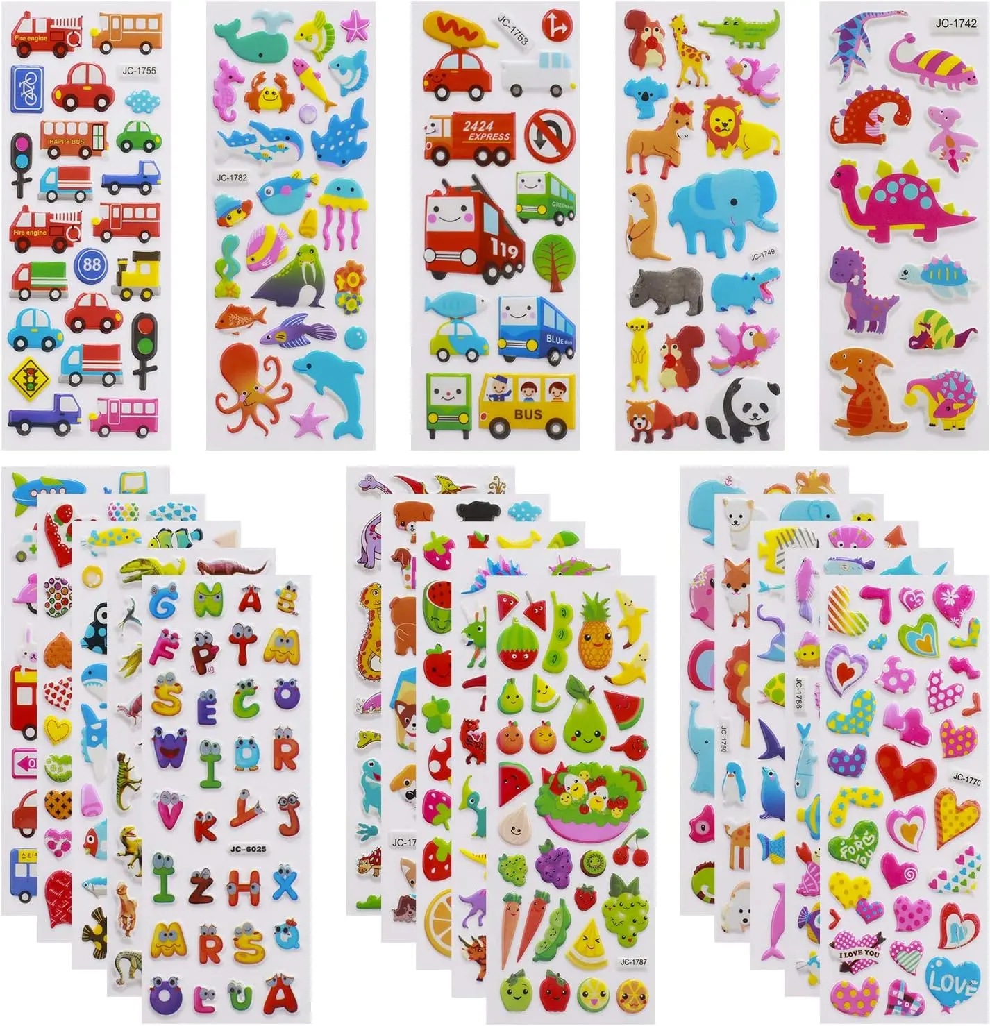 3D Stickers for Kids & Toddlers 24 Sheets 550+ Puffy Stickers Variety Pack with Animals, Numbers, Fruits, Fish, Dinosaurs, Cars & More for Scrapbooking, Bullet Journals & Crafts