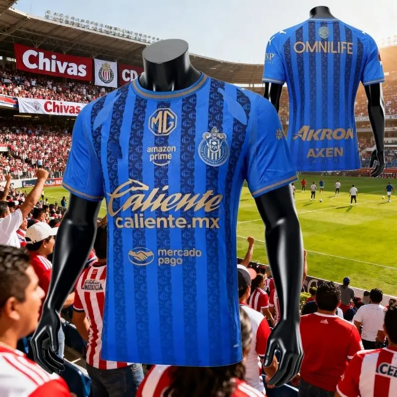 2526 Chivas CD Guadalajara Third Away Blue Jersey Vintage Mexico Red and White Stripe Short Sleeve Top Football Jersey LIGAMX