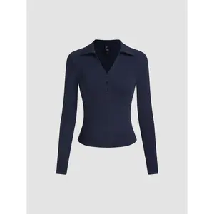 Cider [size 2-26] Cotton-blend V-neck Collar Button Long Sleeve Top