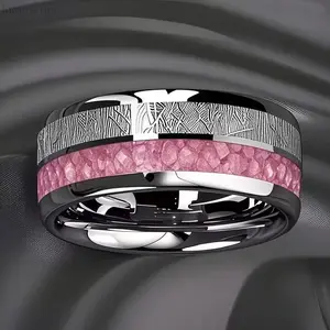 Women Titanium Steel Ring, Blush Pink Rose Meteor Inlaid Band Ring, Stylish Durable Delicate Daily Jewelry Accessory