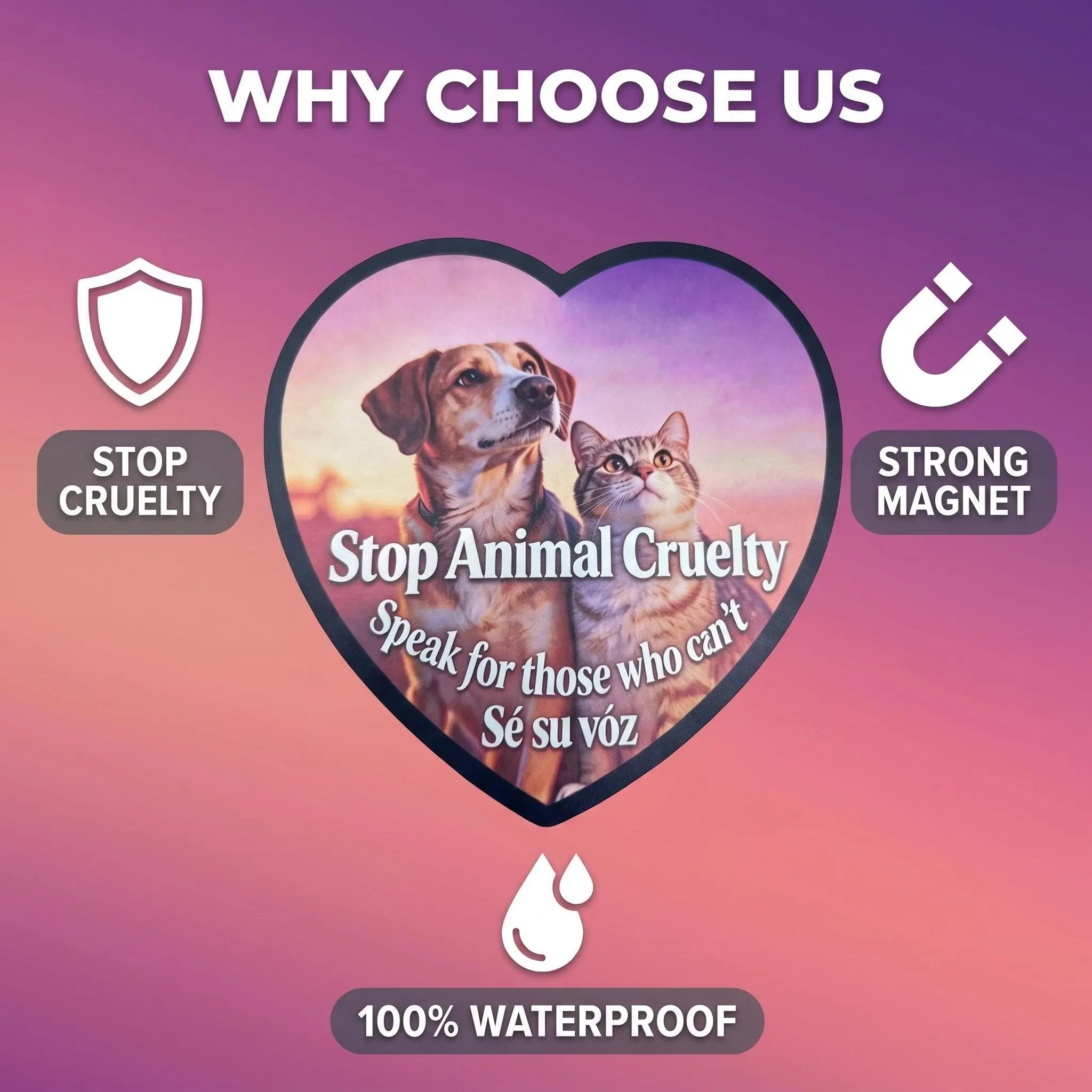 Stop Animal Cruelty Bilingual English-Spanish Slogan Car Stickers - Removable Magnetic, Universal Fit, All Seasons, Waterproof UV-Resistant Vinyl, No-Residue Exterior Automotive Accessory, Long-Lasting, Decal, Easy Attach