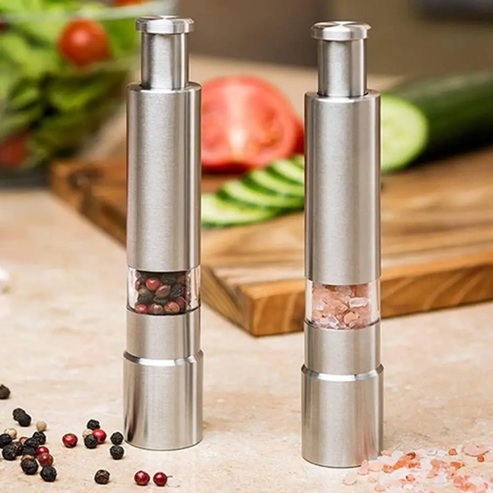 Portable Manual Pepper Mill, 2 Counts Stainless Steel Adjustable Salt & Pepper Grinding Bottle, Household Kitchen Seasoning Grinding Tool, Utensils