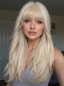 24 Inch Long Straight Wig with Bangs, Highlighted Synthetic Fiber, Natural Look, Easy Care, Suitable for All Ages, Synthetic Material Wigs