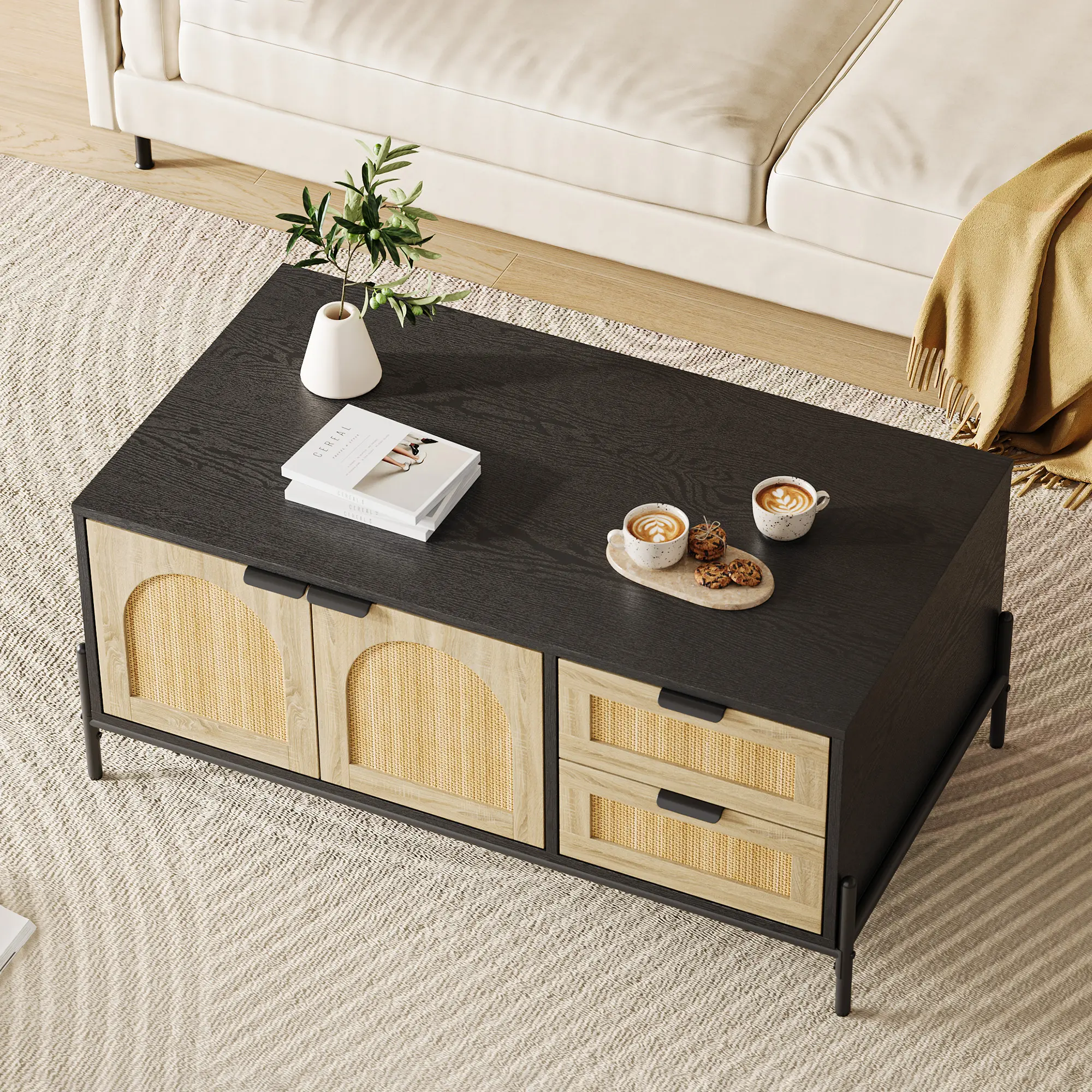 Garvee Mid-Century Modern Rattan Coffee Table with LED Lights, 2 Drawers, Arched Doors & Open Shelf, Rectangle Wood and Metal Frame for Living Room