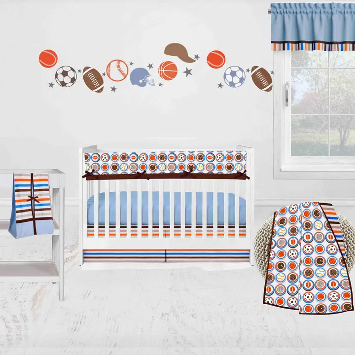 Bacati Mod Sports 6-Piece Crib Bedding Set with Long Rail Guard Cover - Blue/Orange/Chocolate
