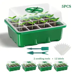 12-Cell Seed Starter Trays 5-Pack - Emerald Green Square Plug Flats with Transplant Tool & Labels | Professional Propagation Kit for Flowers/Herbs | Durable Reusable Nursery Pots（Comes with a set of seedling lifters and 12 labels）