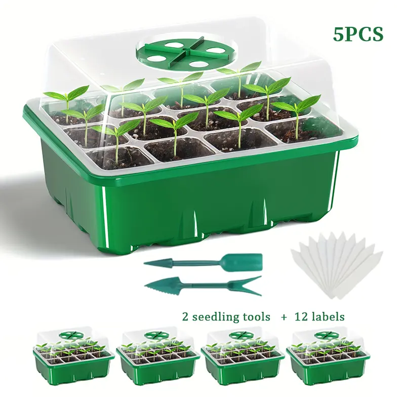 5-Pack Durable Growing Tray Set - 12-Cell Emerald Green Square Plug Flats with Transplant Tool, 12 Labels, Seedling Lifters | Professional Flowers & Herbs Propagation Kit, Reusable Heavy-Duty Greenhouse Garden Nursery Pots, Plastic