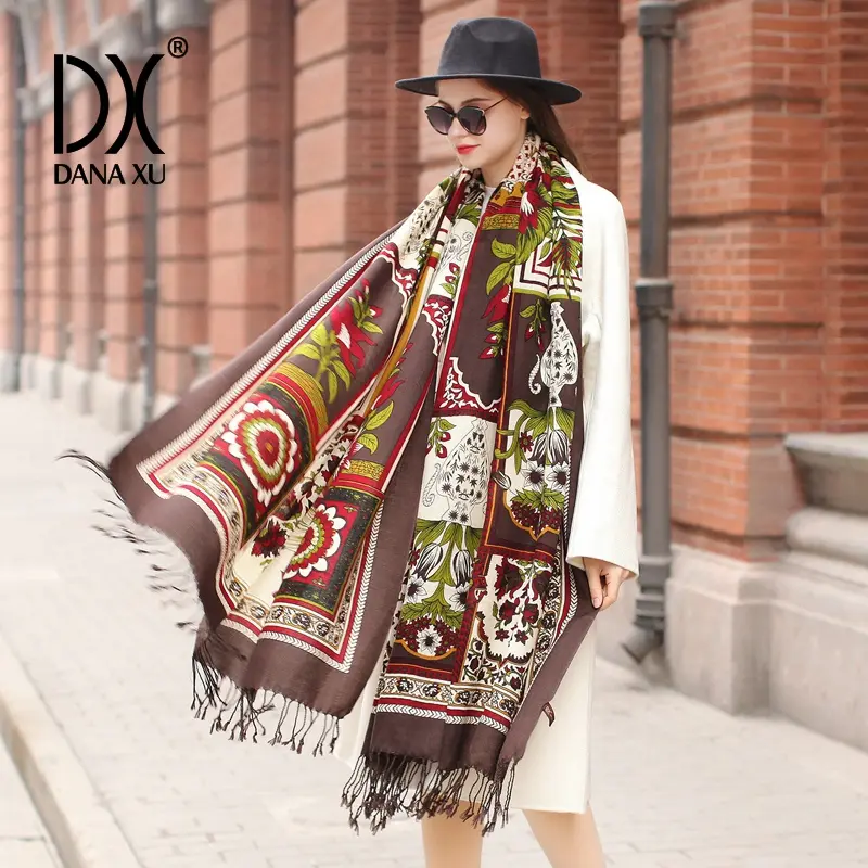 DANA XU 100% Merino Wool Extra Large Pashmina Blanket chunky Scarf Cashmere Shawl Women's Open Front Wrap Oversize Shawl Floral Soft poncho Designs Fashionable