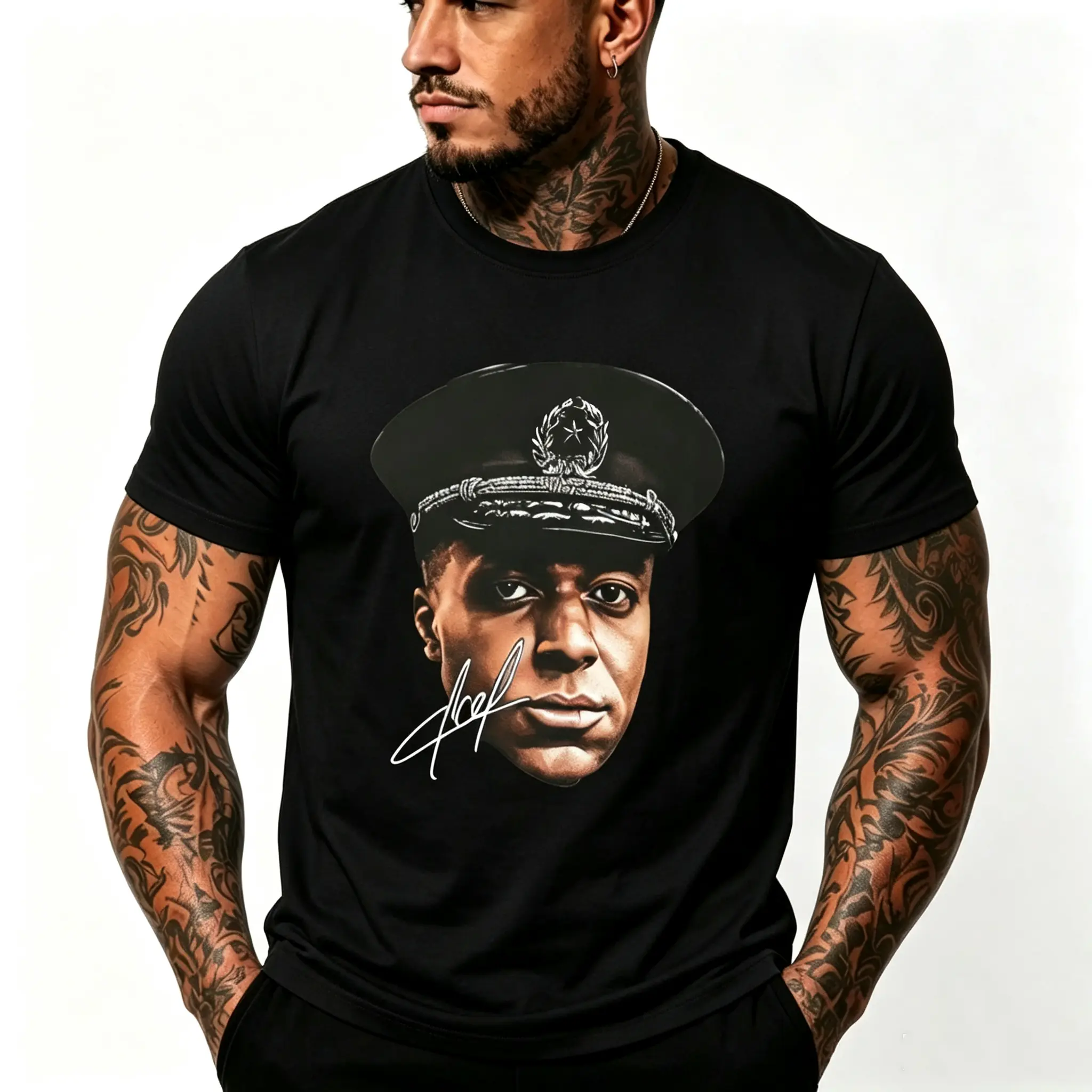 Oversized Boxy Fit Heavyweight Cotton Graphic Tee, Officer Portrait Double-Sided Print, Viral Funny Meme Black Streetwear T-Shirt for Men