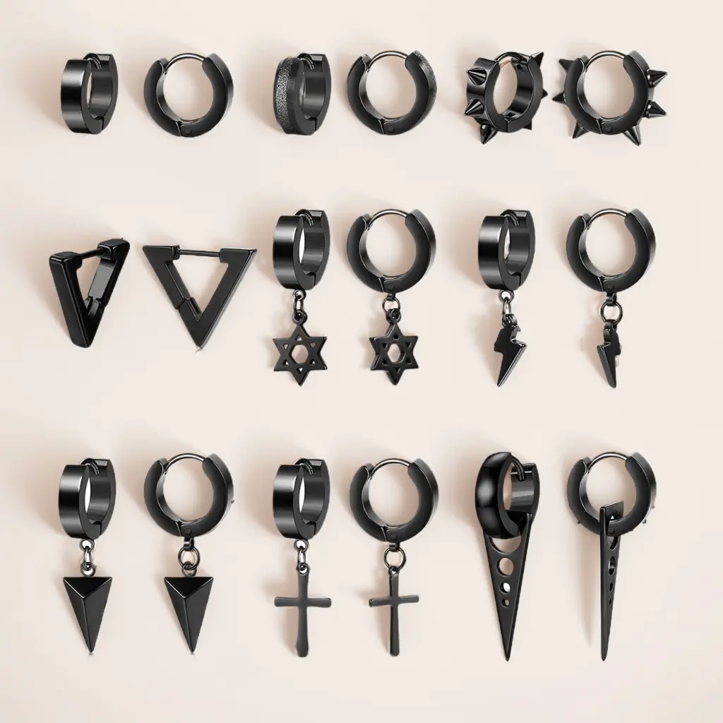 MILACOLATO 9 Pairs Stainless Steel 14MM Small Black Kpop Huggie Earrings Set for Men & Women with Triangle Cross Hinged Dangle Dainty Fashion Jewelry Trendy Jewelry