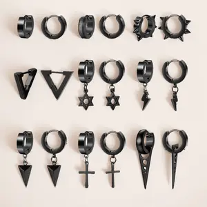 MILACOLATO 9 Pairs Stainless Steel 14MM Small Black Kpop Huggie Earrings Set for Men & Women with Triangle Cross Hinged Dangle Dainty Fashion Jewelry Trendy Jewelry