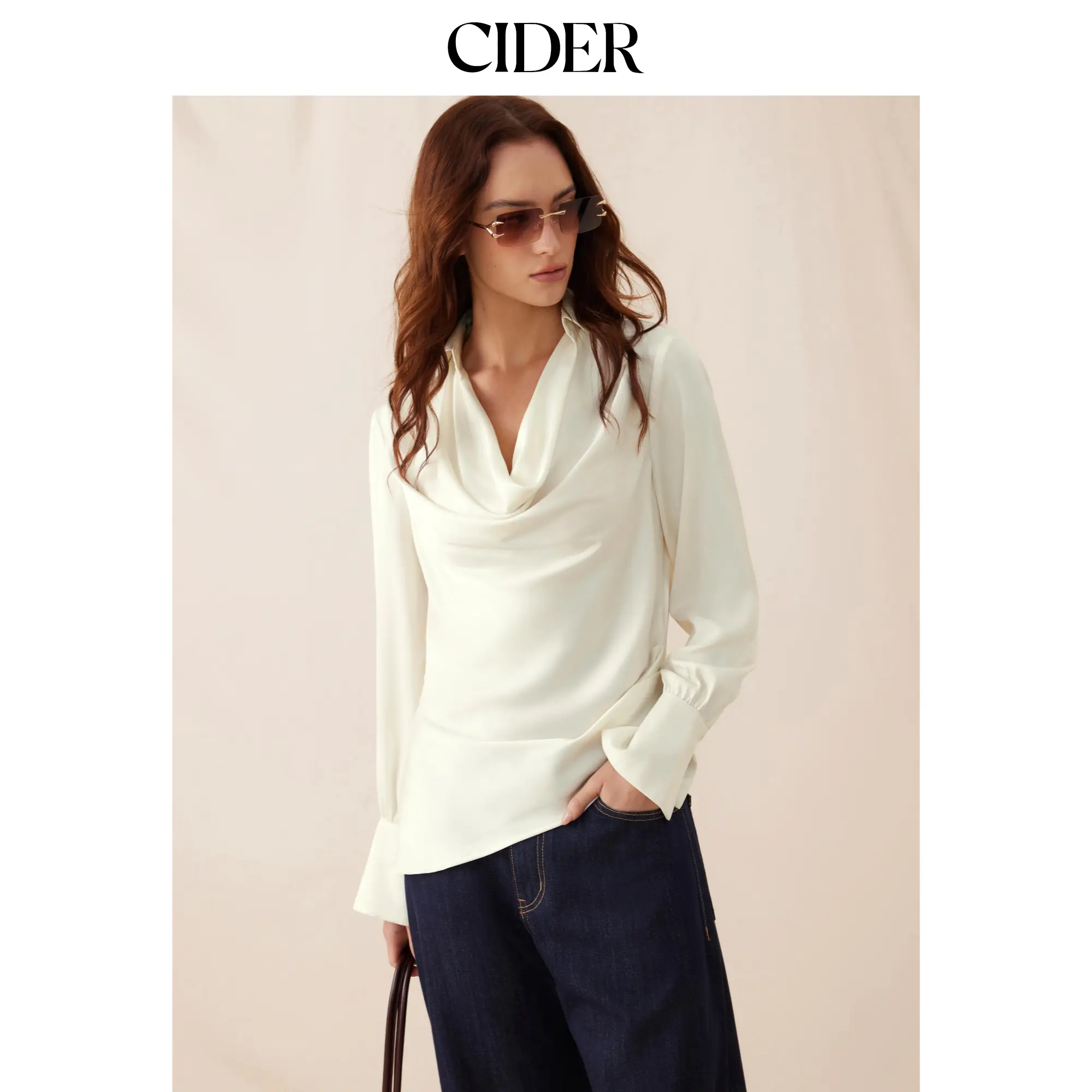 Cider Women's Elegant Plain Satin Cowl Neck Blouse with Long Sleeves and Asymmetrical Hem for Evening Party Wear, Lady, Longsleeves, Stain