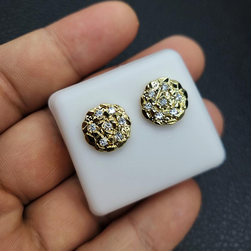 14K Gold Plated Brass Golden Nugget Cookie Stud Earrings with Cubic Zirconia Unisex 4 Sizes 12mm 14mm 16mm 20mm High Quality Polished