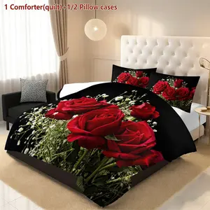 Vibrant Rose Print Bed Set, Soft Quilted Comforter + Pillowcases, Perfect for Valentine's & Anniversary Gifts, Cotton Material
