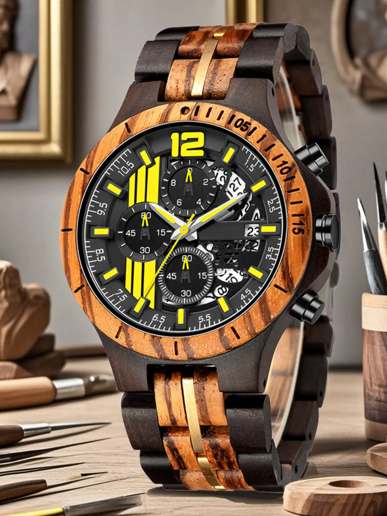 Men's Quartz Wooden Watch, Analog Quartz Watches, Cool Mixed Style, Wood Texture Bezel, Hollow Dial, Timing Function, Motorcycle Streetwear, Daily Wear, Quartz Analog Wristwatch