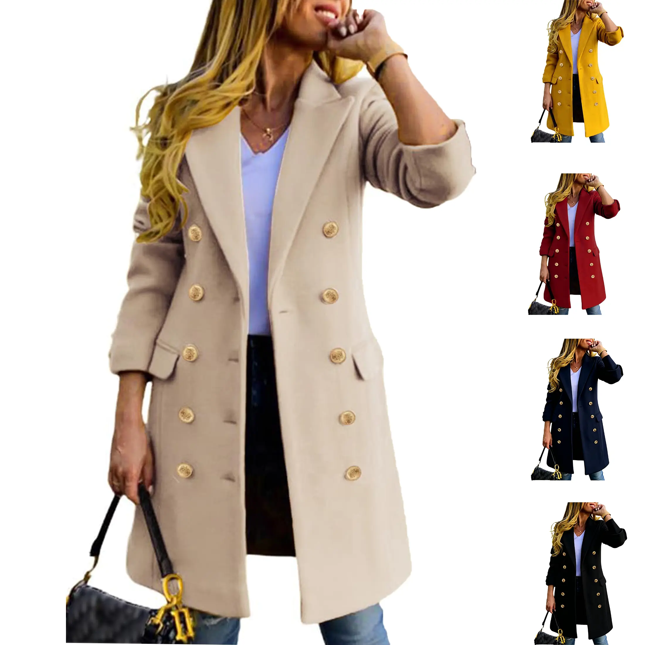 Wandal Women Notch Lapel Double Breasted Gold Button Midi Wool Blend Peacoat Loose Warm Solid Color Mid Length Trench Coat Fall Winter Daily Office Commute Travel Street Elegant Outerwear OOTD