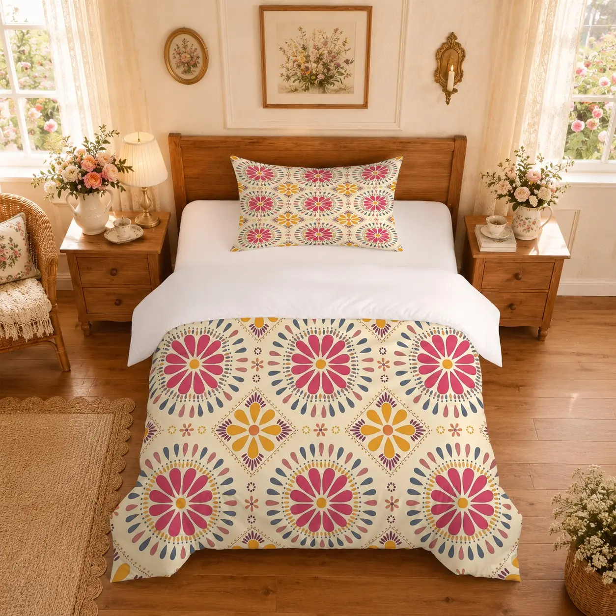 2/3PCS Duvet Cover Set Retro Floral Geometric Style, Soft Breathable Bedding, Floral Bedding Sets, No Comforter or Pillow Inserts, 1 Duvet Cover + 1/2 Pillowcases, Gift for Birthday, Housewarming, Mother's Day, Couples, Friends & Family