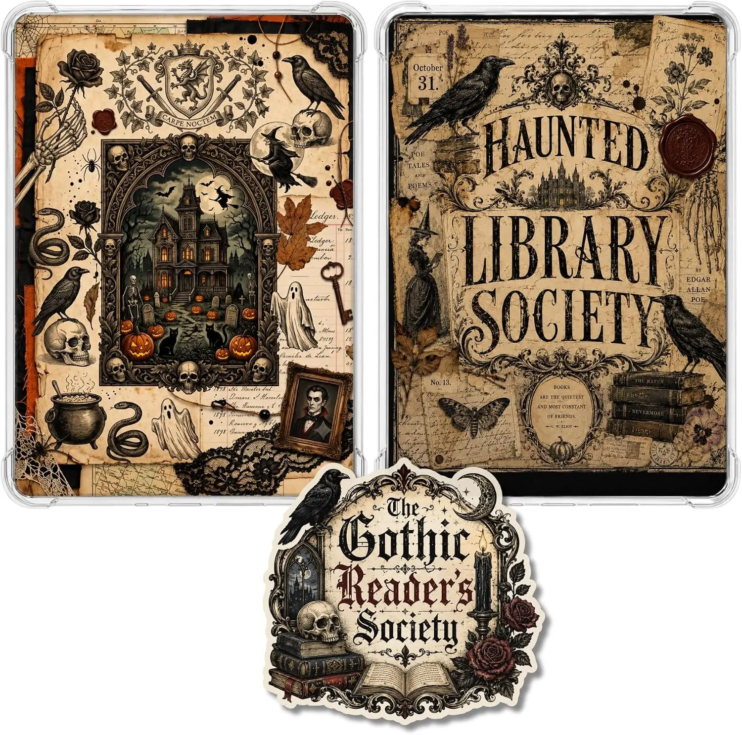 Gothic Haunted Library Clear Case Kindle Insert Bundle, 2 Pack with Waterproof Vinyl Sticker, Kindle Basic and 11th Generation 6"