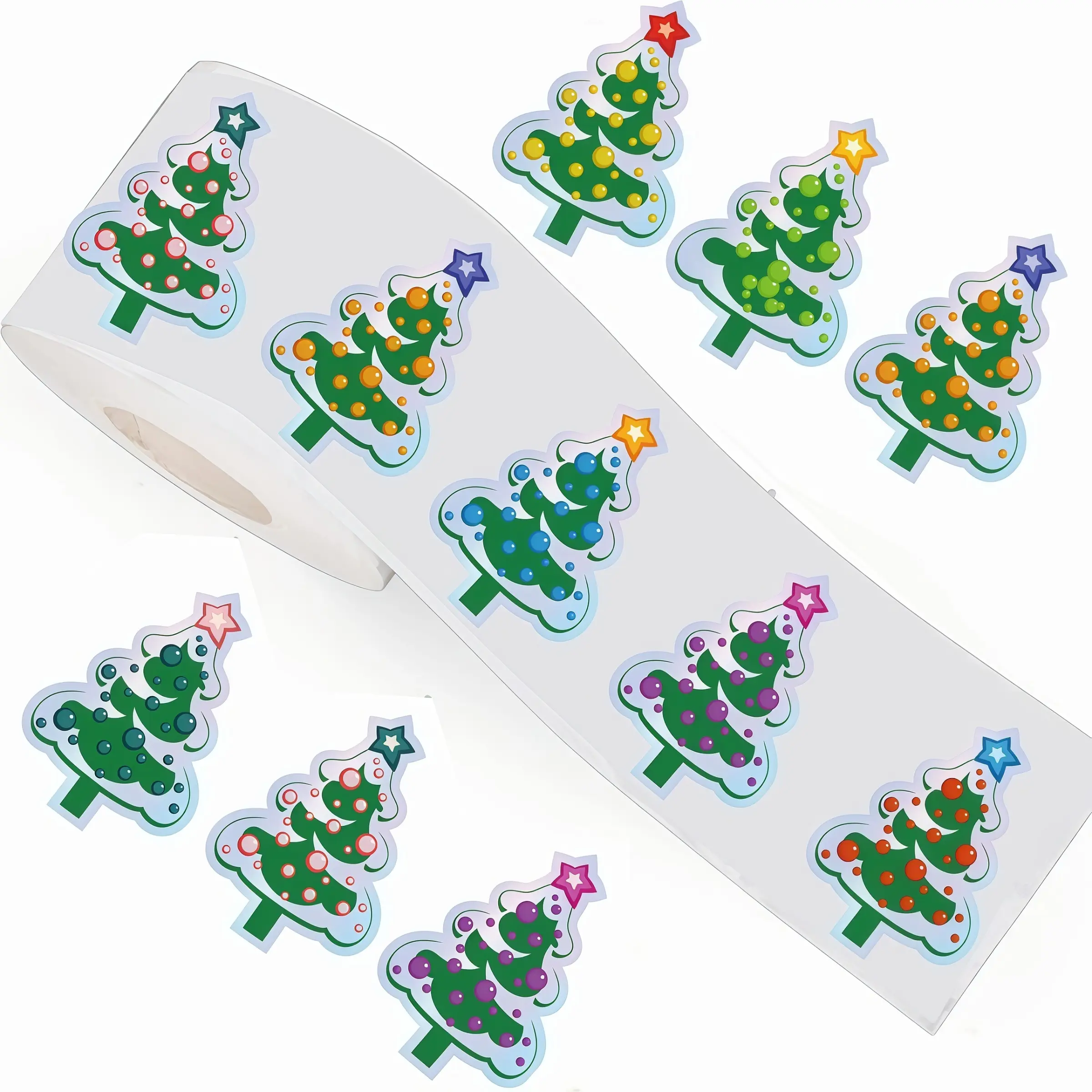 Christmas Theme Laser Stickers, Christmas Tree & Snowman Design, 500 Pieces Per Roll, Perfect for Gifts, Envelopes, Cards, Packages