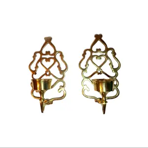 Vintage Solid Brass Set of Two Oranate Candle Stick Wall Sconces Made in India, 9 Inches Height, 5 Inches Width, 4.5 Inches Wall Space