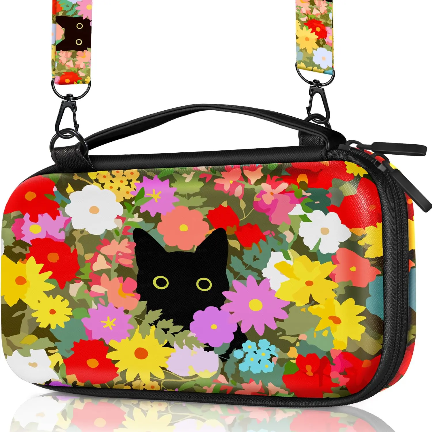 H-9 Hard Shell Handheld Console Carry Case for Nintendo Switch Lite 2019, Floral & Black Cat Design, Compact Protective Storage Pouch, Gaming Accessories for Girls & Boys, Game, Adjustable