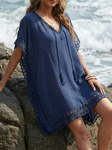 Women's Summer Lace V-Neck Cover-Up, Solid Color Tie-Band Loose Fit, Casual Swimwear Outer Dress Oym6a910, Beach Cover Up, All Seasons Fashion Swimsuit Coverup