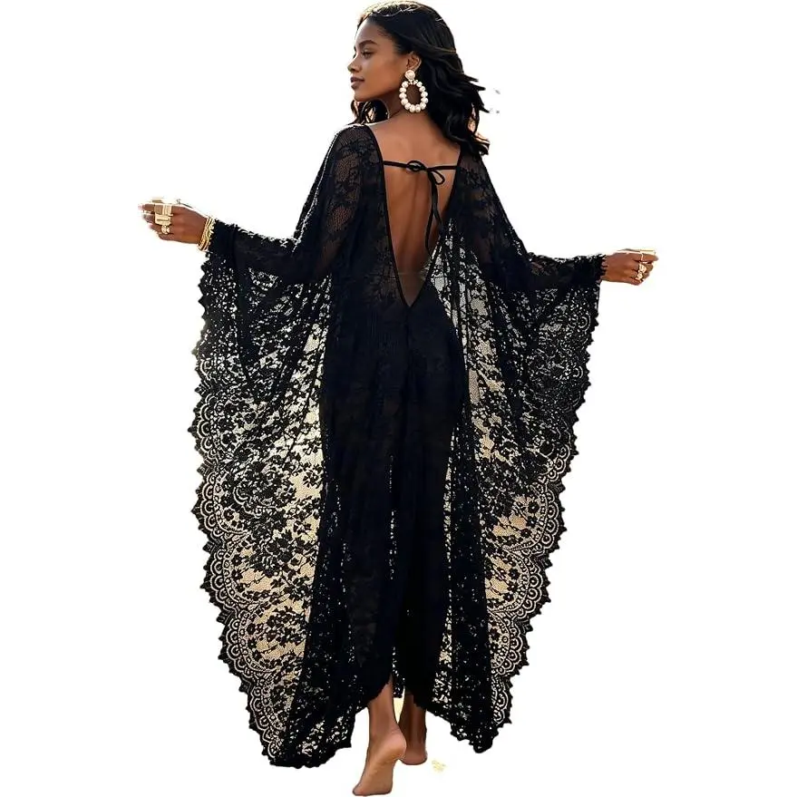 Black Lace Dress Outfits, Sheer Lace cover up Dress, Women Sexy Open Back lace Dresses, Lingerie Boudoir Outfits, Black Robe kaftan dresses, Plus Size See Through Caftans Cover Up Beach Dress