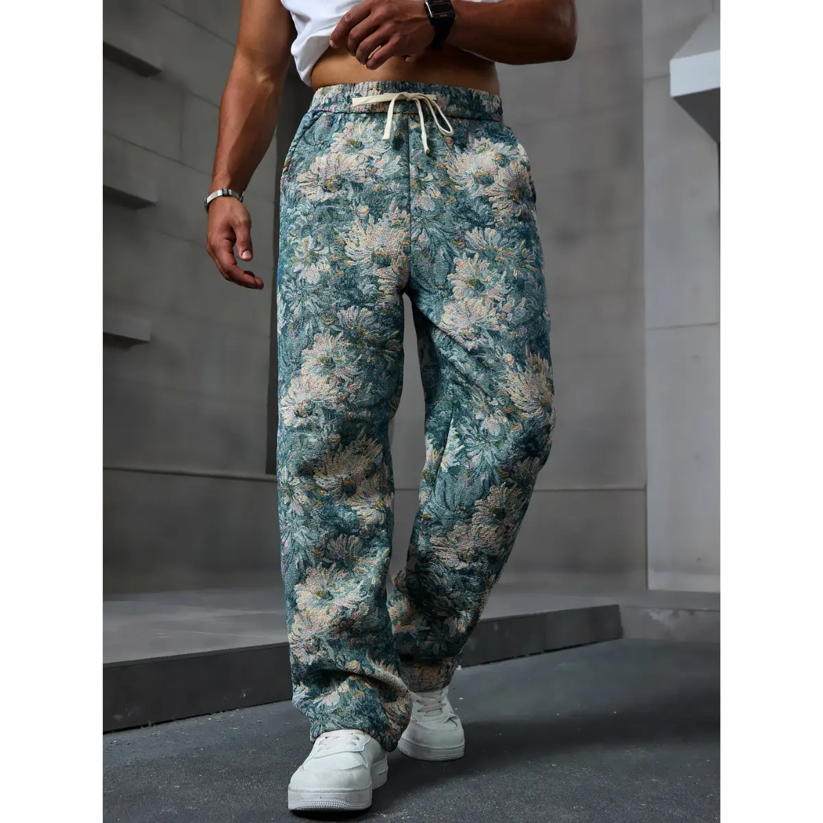 Floral Printed Statement Pants – Relaxed Fit Drawstring Waist Casual Trousers