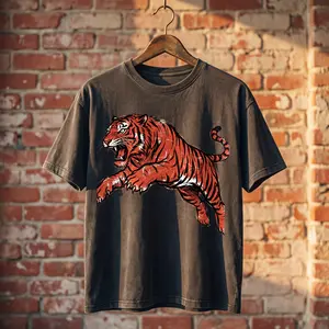Women’s Cotton Short-Sleeve Fashion T-Shirt - Retro Tiger Graphic Oversized Washed Black Casual Streetwear Top, Comfortable for Edgy Grunge Fans with Cargo Pants-Inspired Fabric Aesthetics