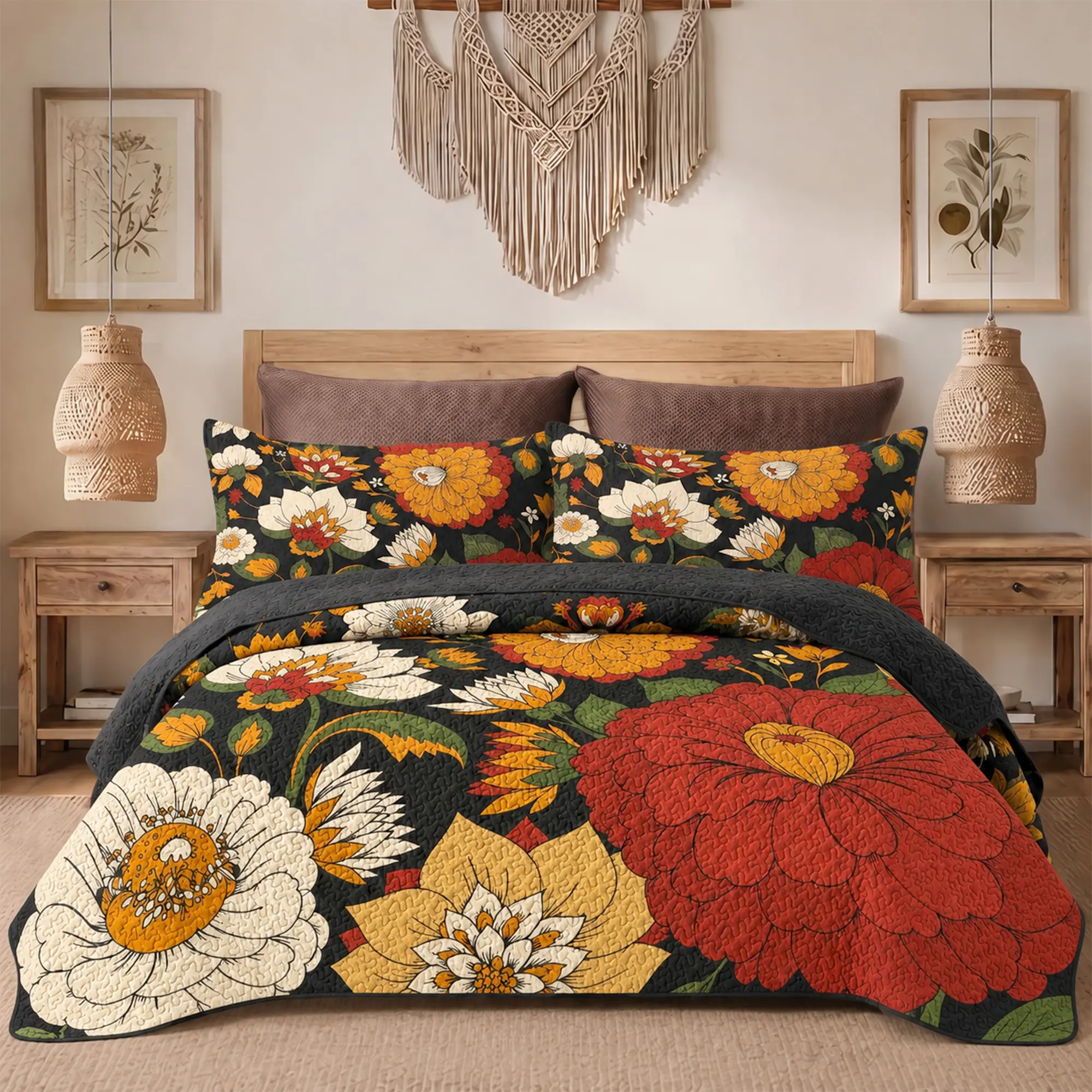 King Size (106" × 96") 3-Piece Boho Floral Quilt Set, Farmhouse Botanical Reversible Lightweight Coverlet Bedspread with 2 Pillow Shams, Mid-Century Leaf Microfiber Bedding Quilt, All-Season Comforter Gift summerwins