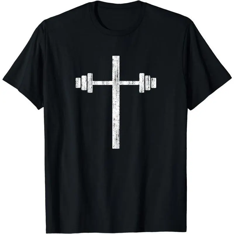 Men's Short-Sleeve Round Neck Graphic Casual T-Shirts - Soft, Simple, Loose Heavy Cotton Top with Barbell Dumbbell Cross Christian Jesus Design, Unisex Gym Workout Lifting Tee