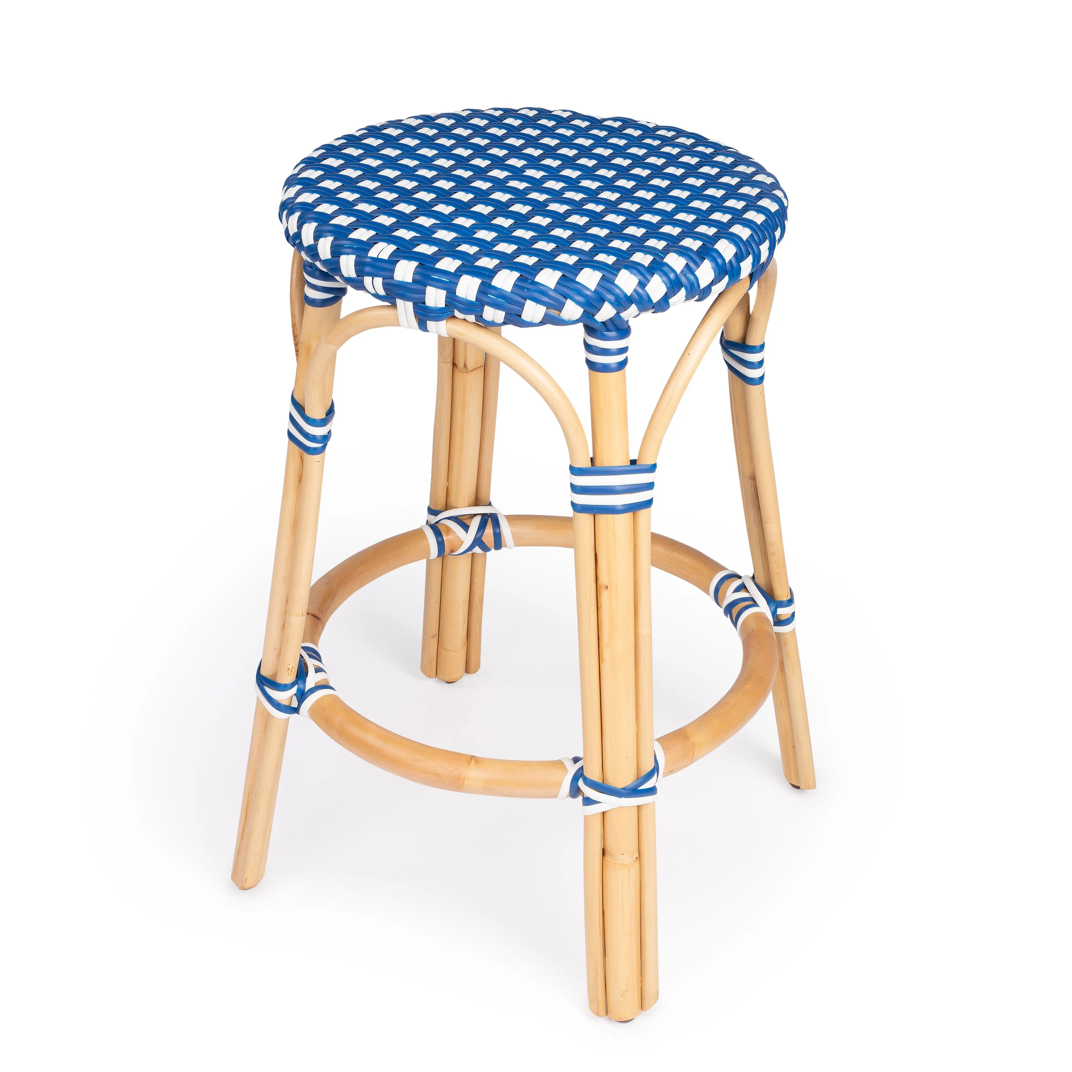 Tobias Rattan Round 24" Counter Stool in Blue and White Dot 9371303